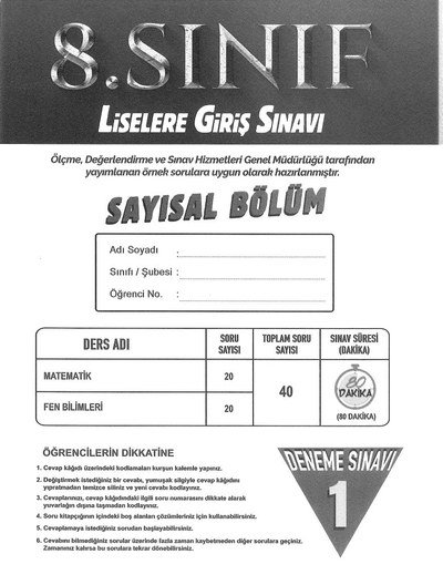 LİSELERE GİRİŞ SINAVI SAYISAL BÖLÜM DENEME SINAVI Limon Fotokopi