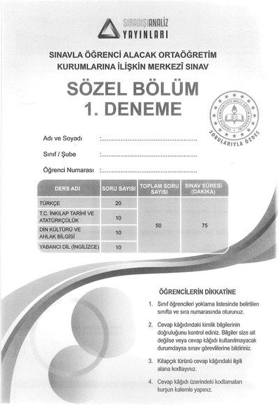 SÖZEL BÖLÜM 1. DENEME MERKEZİ SINAV Limon Fotokopi