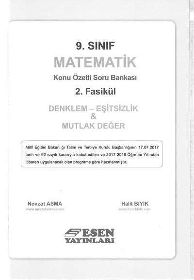 MATEMATİK KONU ÖZETLİ SORU BANKASI 2.FASİKÜL DENKLEM EŞİTSİZLİK & MUTLAK DEĞER Limon Fotokopi