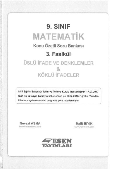 MATEMATİK KONU ÖZETLİ SORU BANKASI 3. FASİKÜL ÜSLÜ İFADE VE DENKLEMLER & KÖKLÜ İFADELER Limon Fotokopi