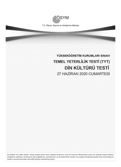 DİN KÜLTÜRÜ SON 11 YIL ÇIKMIŞ SORULAR (TYT) (2020 DAHİL) Limon Fotokopi