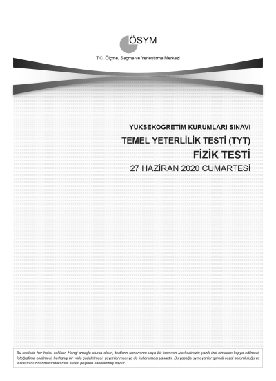 FİZİK SON 11 YIL ÇIKMIŞ SORULAR (TYT) (2020 DAHİL) Limon Fotokopi