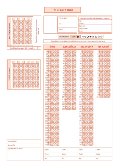 50'Lİ OPTİK FORM RENKLİ A4 ŞEKLİNDE Limon Fotokopi