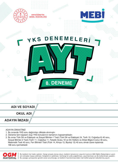 YKS Denemeleri AYT 8. Deneme MEBİ Limon Fotokopi