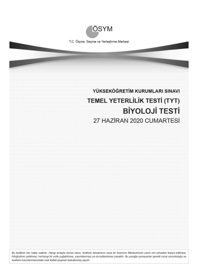 BİYOLOJİ SON 11 YIL ÇIKMIŞ SORULAR (TYT) (2020 DAHİL) Limon Fotokopi