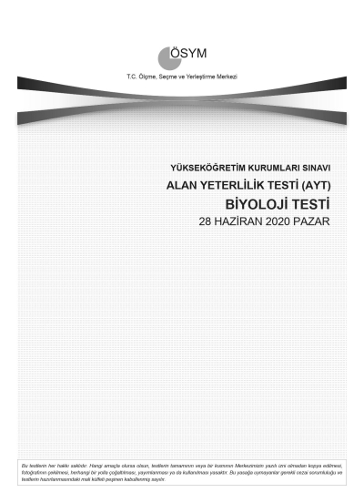 BİYOLOJİ SON 11 YIL ÇIKMIŞ SORULAR (AYT) (2020 DAHİL) Limon Fotokopi