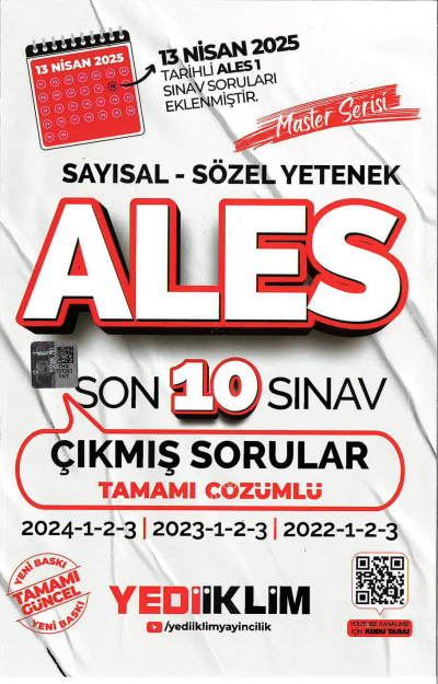 2025 ALES Master Serisi Sayısal Sözel Yetenek Tamamı Çözümlü Son 10 Sınav Çıkmış Sorular Yediiklim Yayınları (2022-2023-2024)