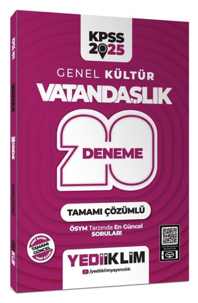 2025 KPSS Genel Kültür Vatandaşlık Tamamı Çözümlü 20 Deneme Yediiklim Yayınları Limon Fotokopi