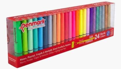 Penmark Fosforlu Kalem 24 Lü Süper Kutu 6 Neon+6 Pastel+6 Tropik+6 Simli Limon Fotokopi