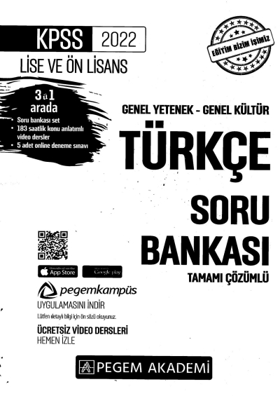 2022 KPSS LİSE VE ÖNLİSANS TÜRKÇE SORU BANKASI Limon Fotokopi